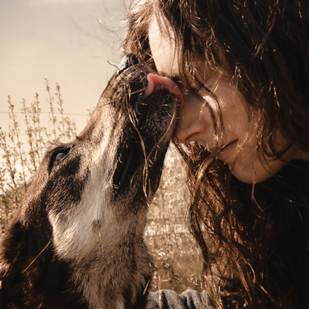 Manuela Zihlmann mit einem ihrer Hunde – stiller Moment in warmem Gegenlicht