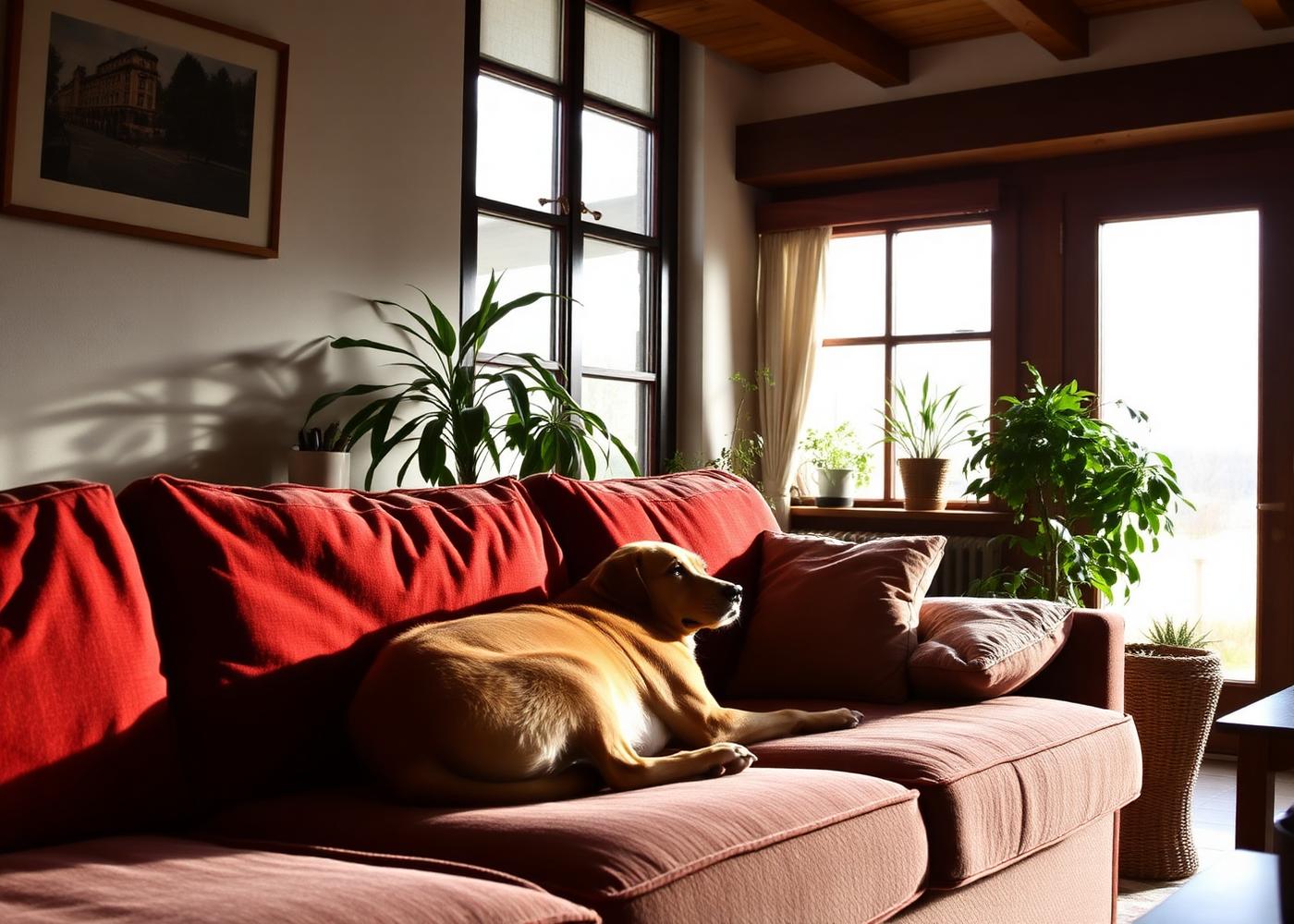 Hund entspannt auf einem Sofa in einem hellen Schweizer Zuhause
